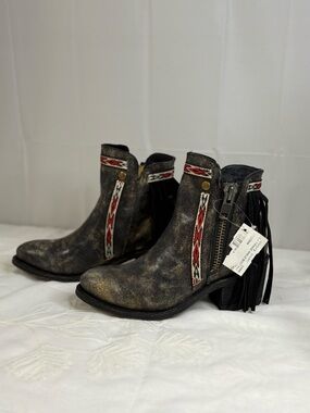 NWT Corral Distressed Black Fringe Ankle Boots with Southwestern Trim
